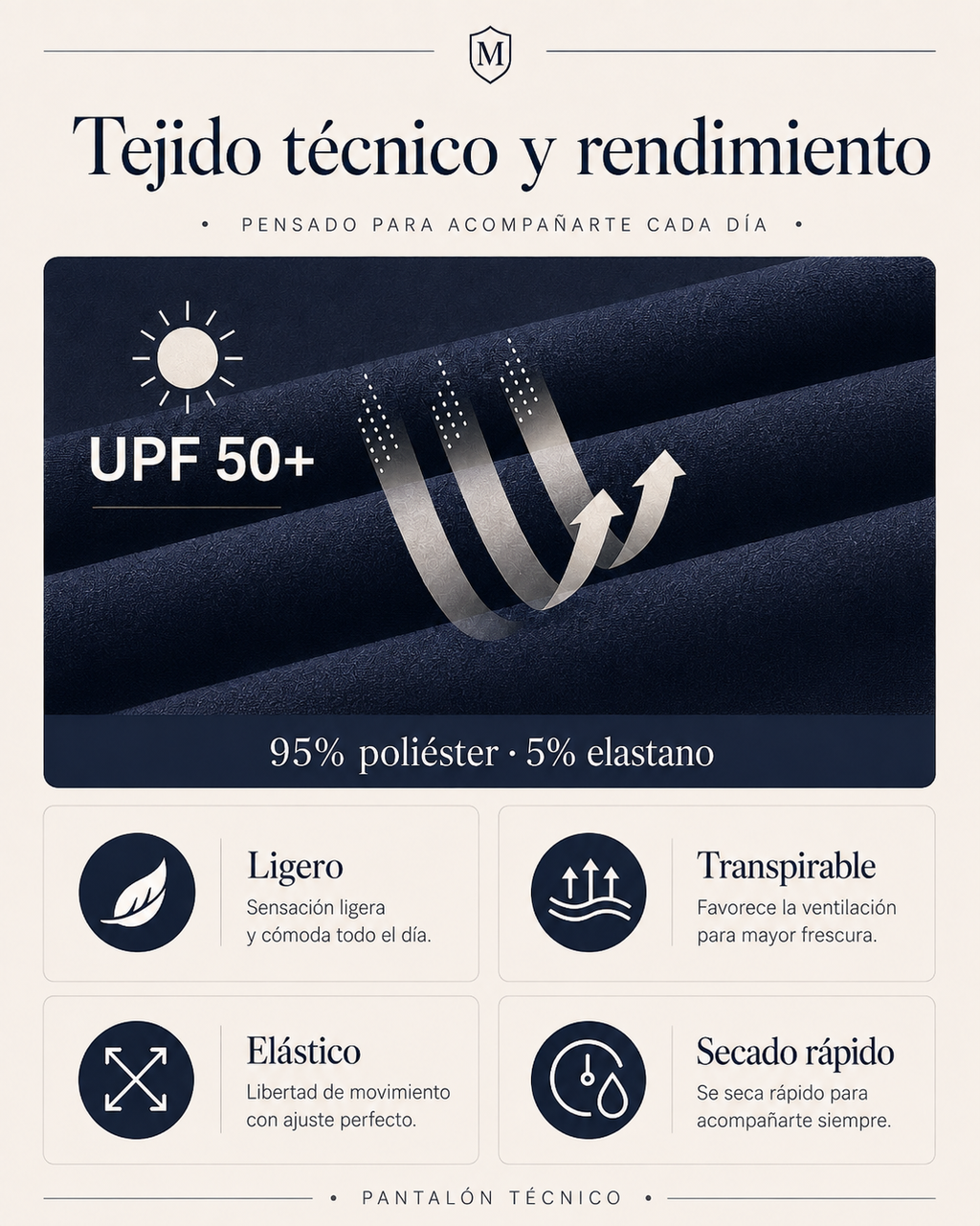 Pantalón tech| Antiarrugas, elástico y repelente al agua