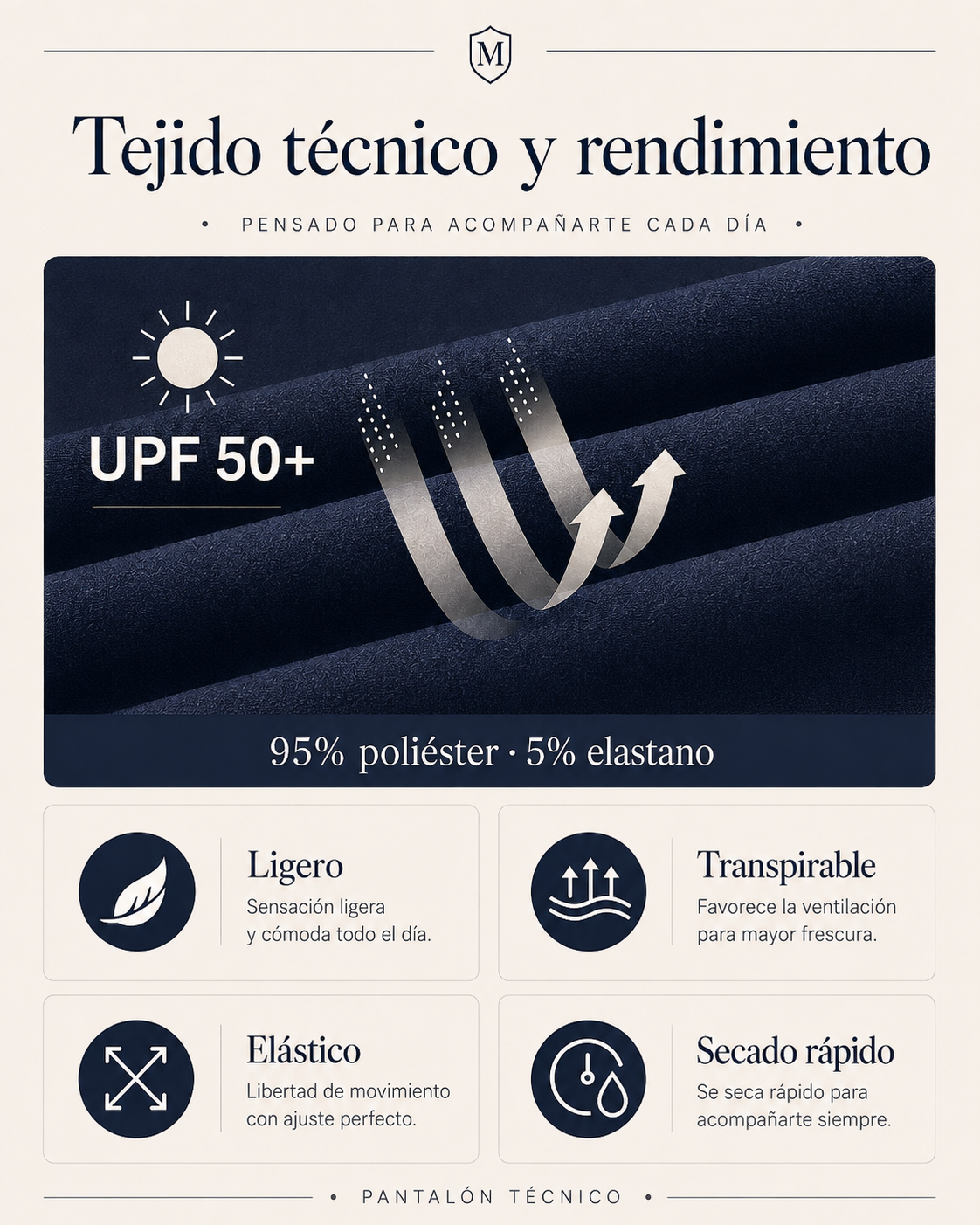 Pantalón tech| Antiarrugas, elástico y repelente al agua